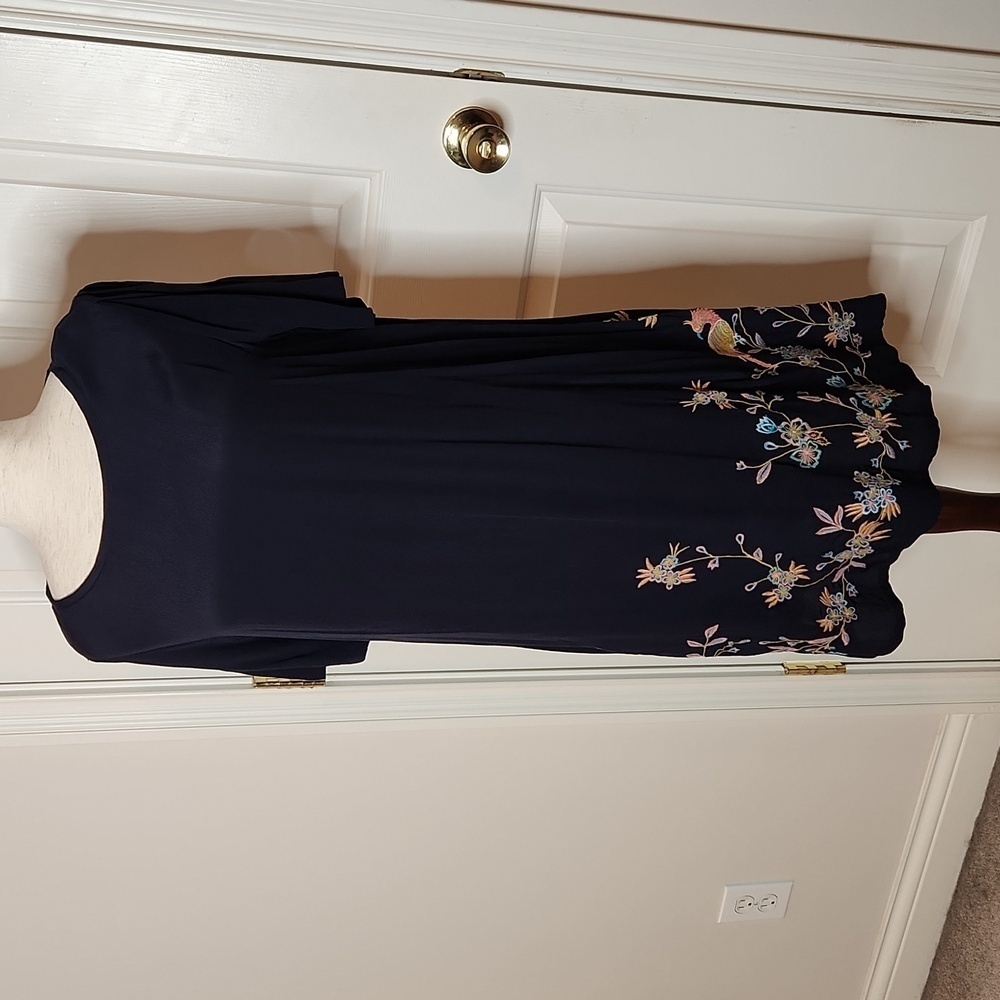 Loft Navy Blue Embroidered Floral Bird Norway Shift Dress  Size XS - Picture 3 of 11